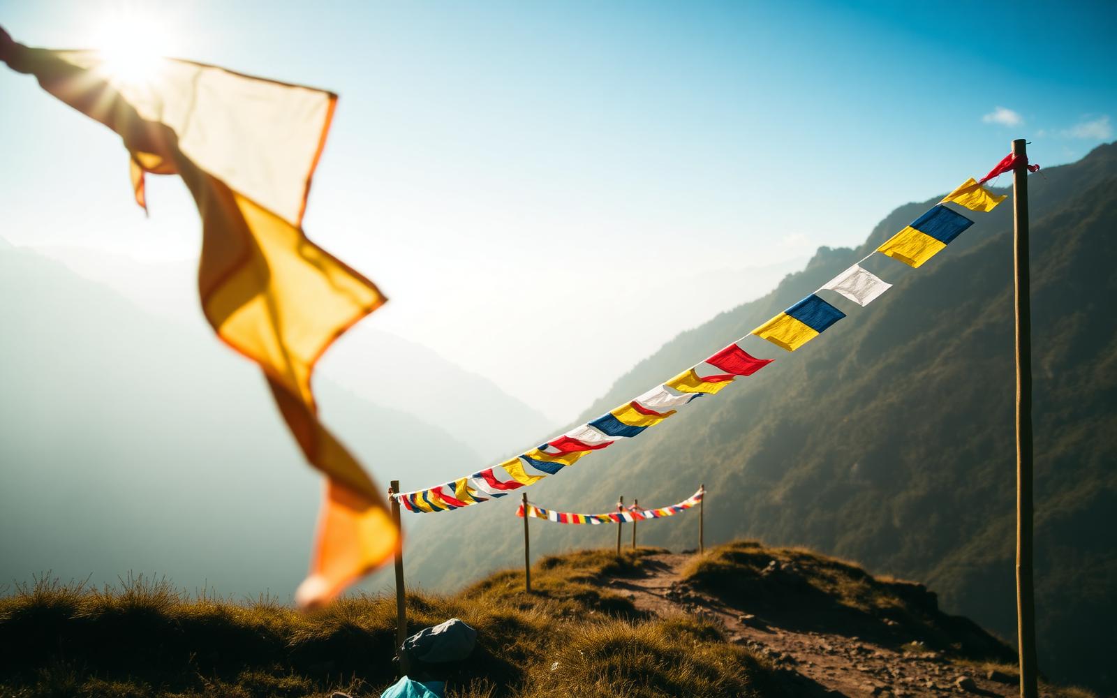 Bhutanese prayer flags fluttering across a mountain pass