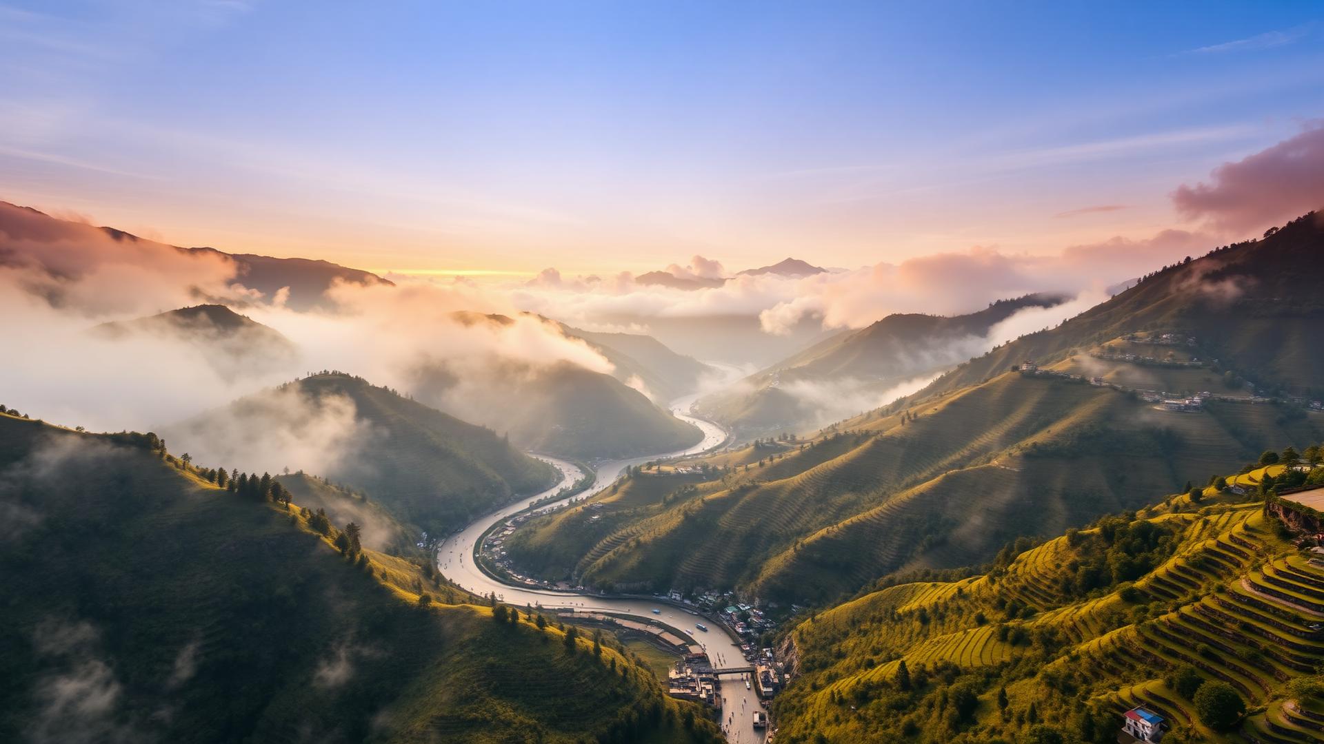 Mist rising over a Himalayan valley in Bhutan at dawn